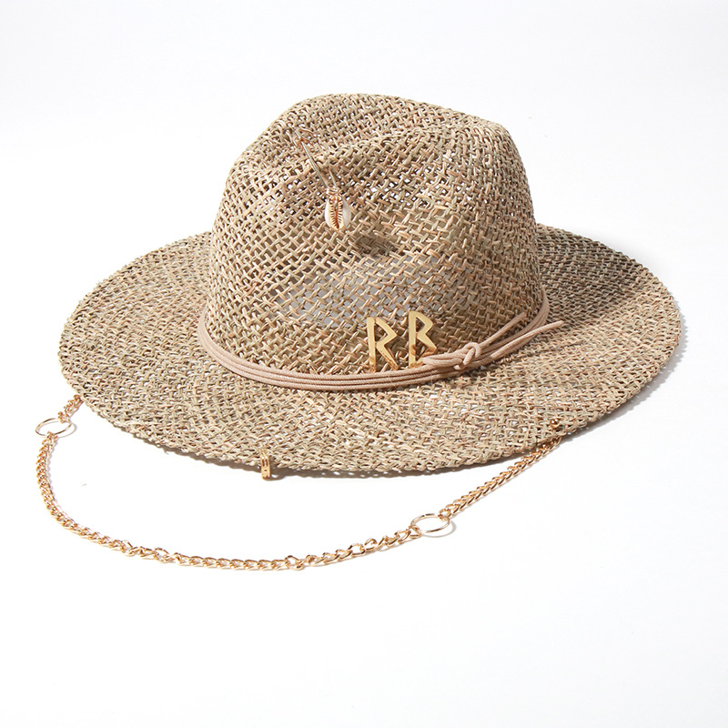 Bucket Hat Straw - หมวกสานทรงยุโรปและอเมริกัน ดีไซน์เก๋ ประดับตัวอักษรโปร่ง พร้อมสายโลหะ หมวกกันแดดแฟชั่น ขายดี